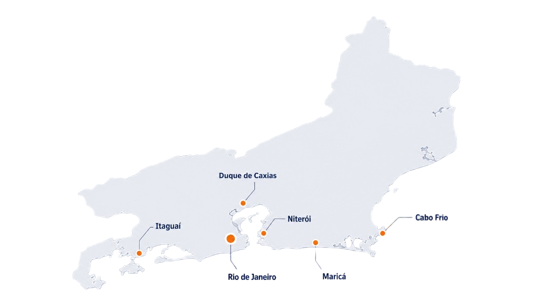 Mapa do estado do Rio de Janeiro com cidades do Circuito Energy